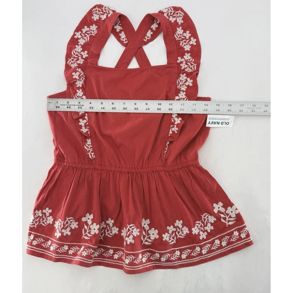 Old Navy Girls Sleeveless Red Embroidered‎ Ruffled Apron Style Top XL Cottage